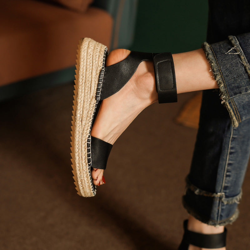 Summer Espadrille Platform Sandals Open Toe Cow Leather Wedge Sandals with Velcro Strap in Apricot Yellow/Beige/Black