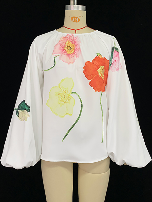 Long Sleeves Loose Elasticity Flower Print Pleated Round-neck Blouses&shirts Tops