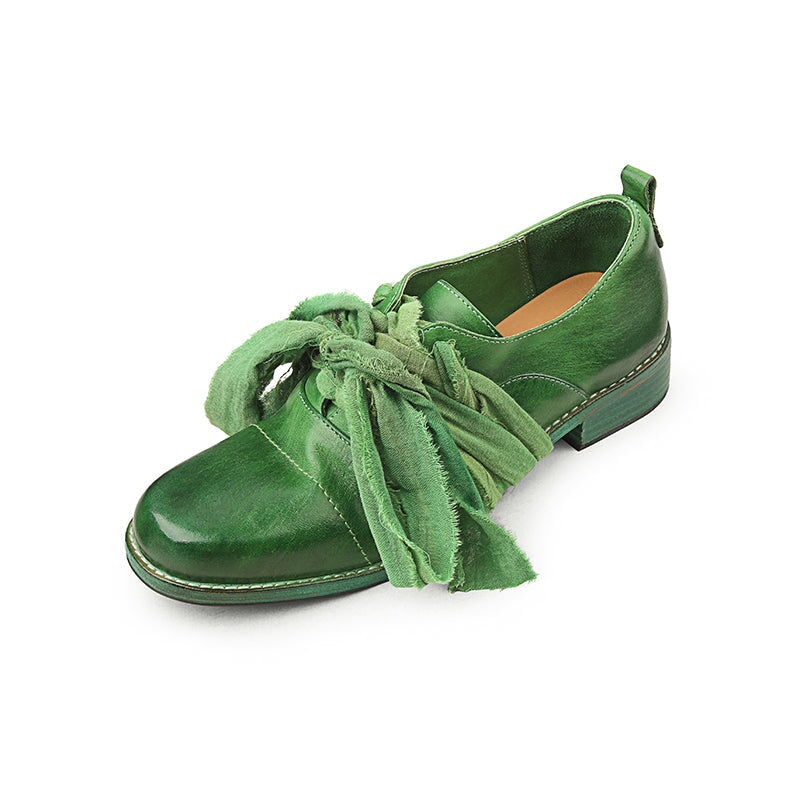 Vintage Lace-Up Derby Oxford Shoes Block Heel Leather Casual Footwear in Black/Green/Grey (better suited for thin feet)