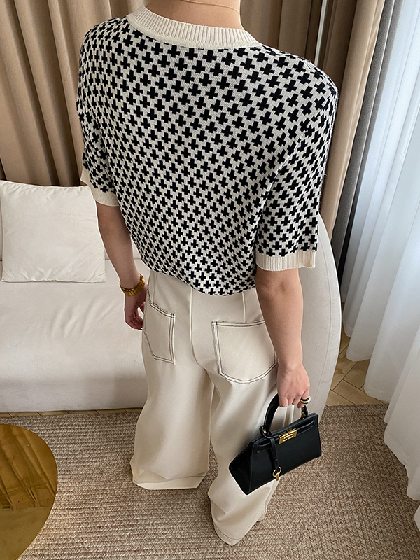 Half Sleeves Houndstooth Round-Neck Sweater Tops