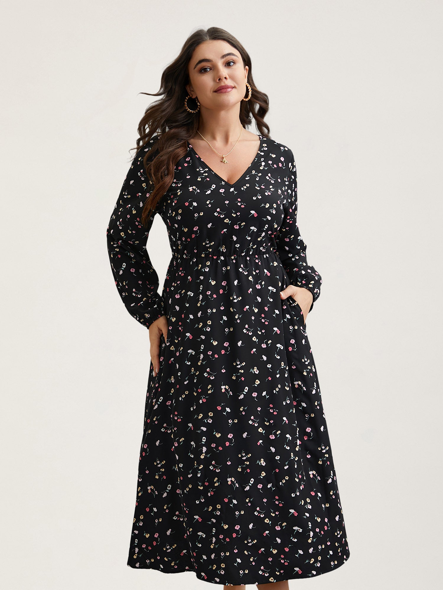 Floral Print V-Neck Waist-Defined Midi Dress