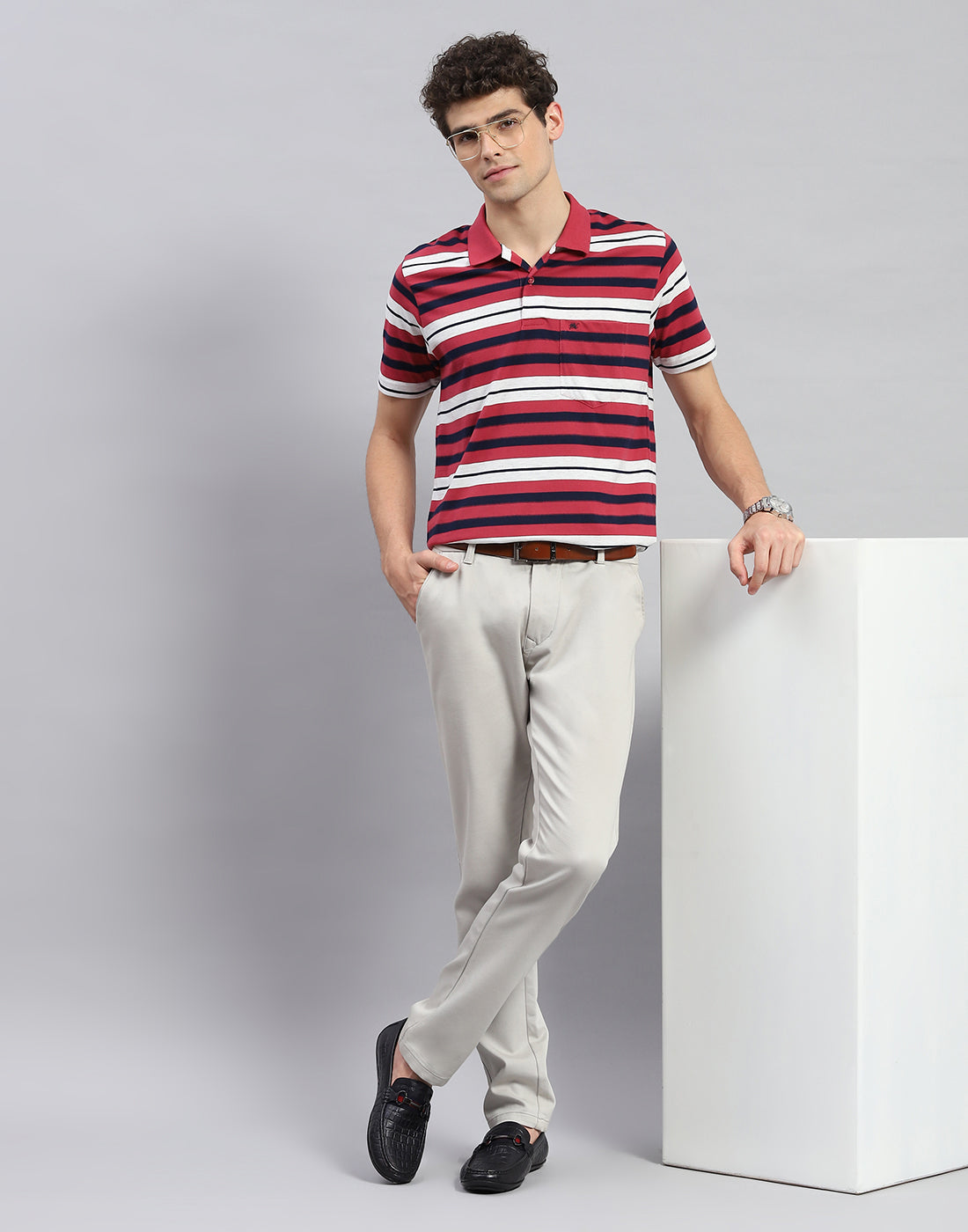 Men Red Stripe Polo Collar Half Sleeve T-Shirt