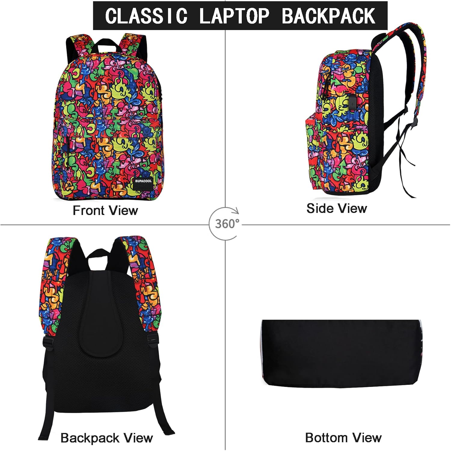 SUPACOOL Casual Laptop Backpack for Men and Women, School Backpack for Boys and Girls, College Bookbag, USB Charging Port, Lightweight Back Pack(Black)