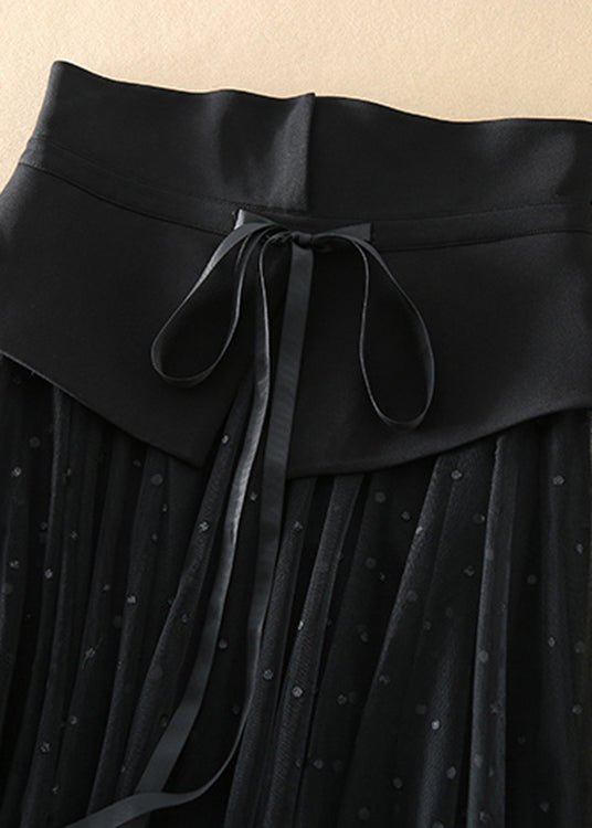 French Black Cinched Dot Tulle Skirts Spring