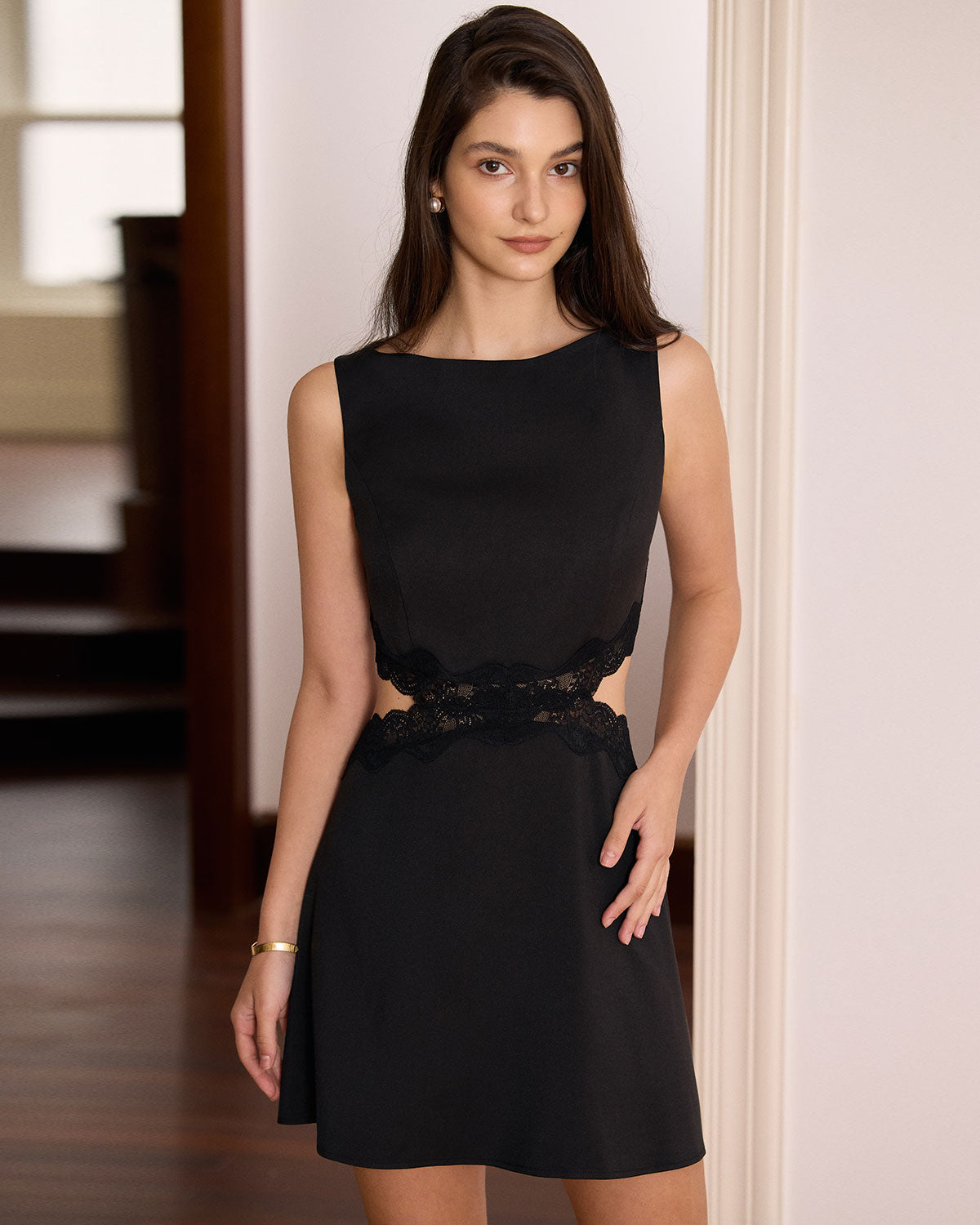 The Black Boat Neck Lace Cutout Mini Dress