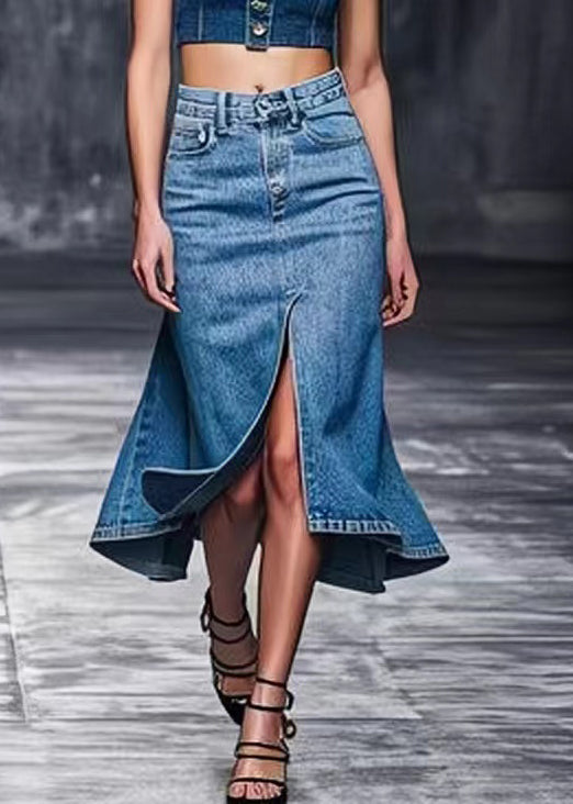 Modern Blue Front Open High Waist Skirts Summer