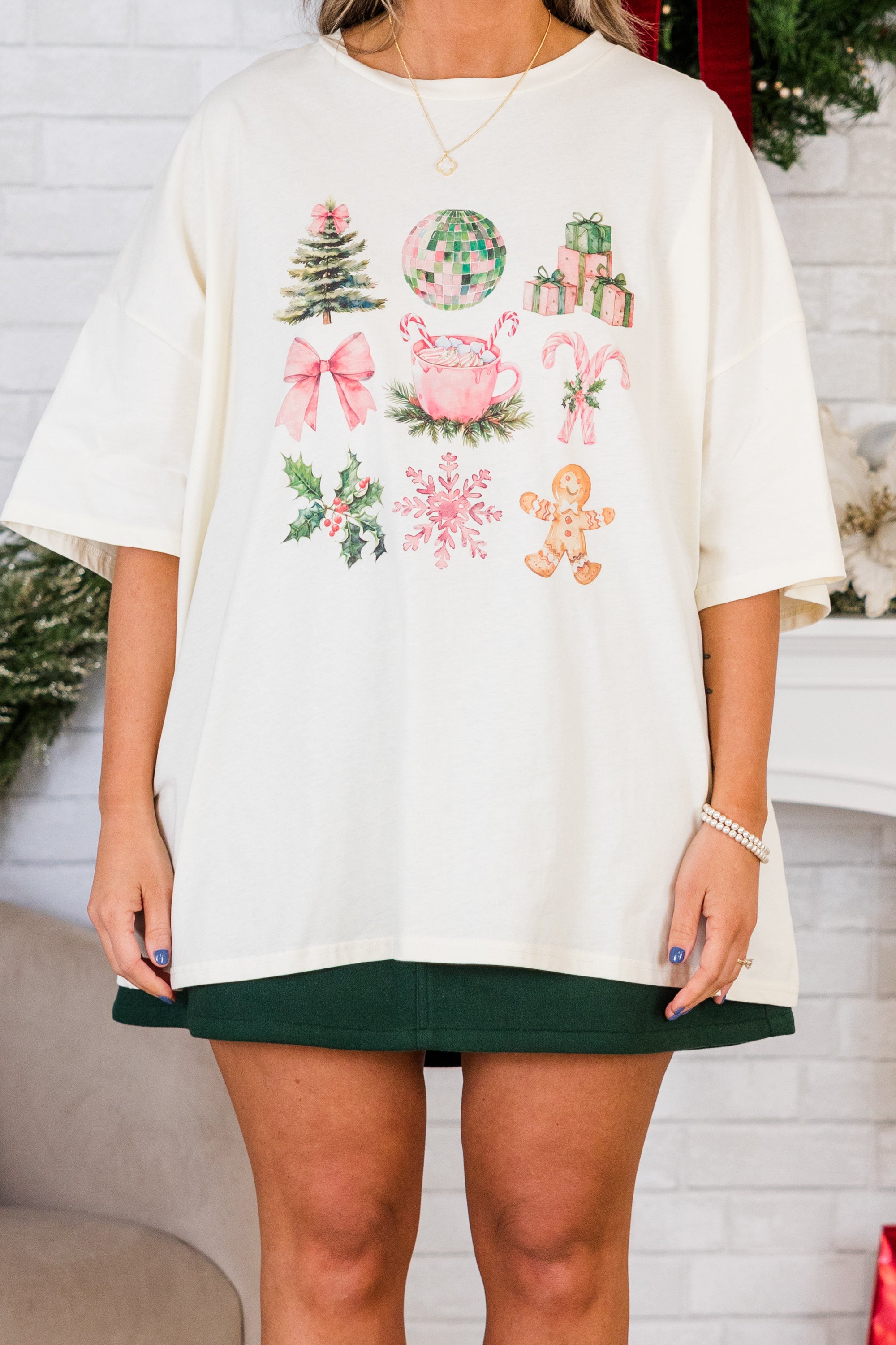 Girly Swirly Christmas Boyfriend Tee. Ivory