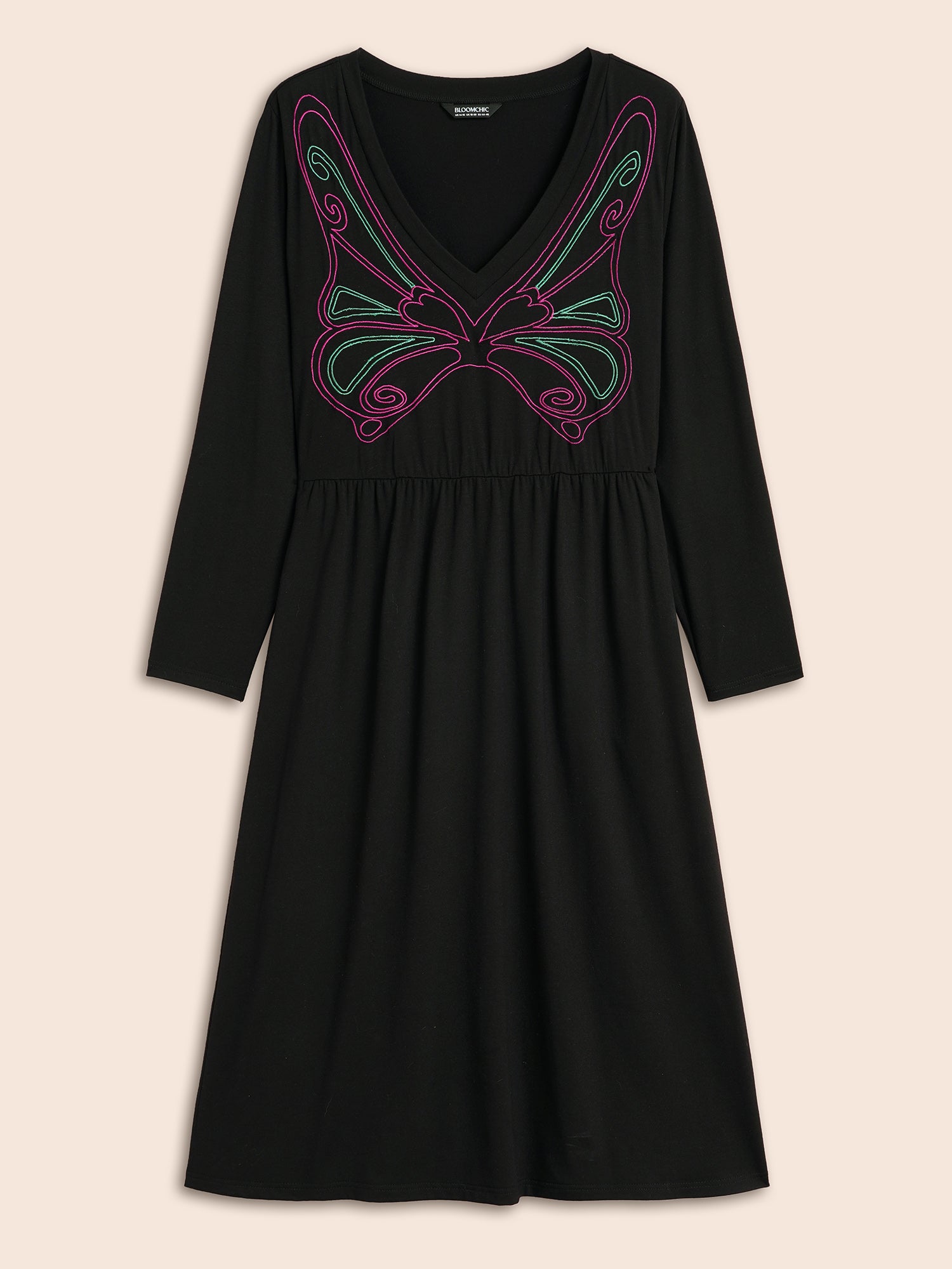 Butterfly Embroidered V Neck Midi Dress