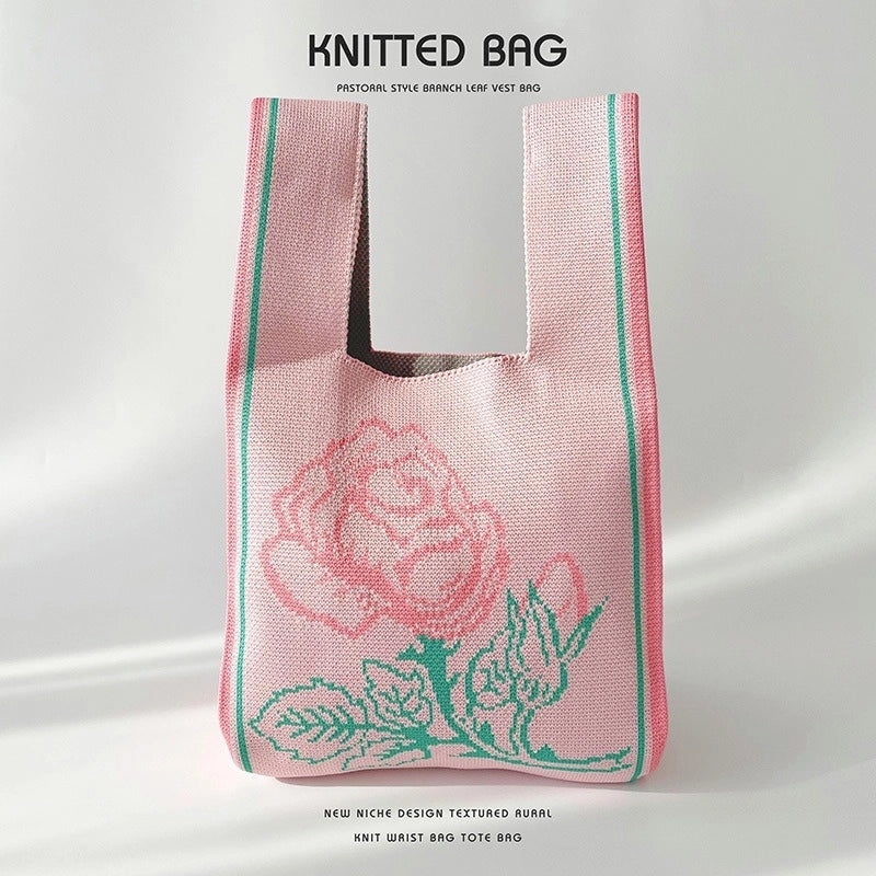 Women's Medium Knit Letter Flower Cute Vintage Style Square Open Handbag