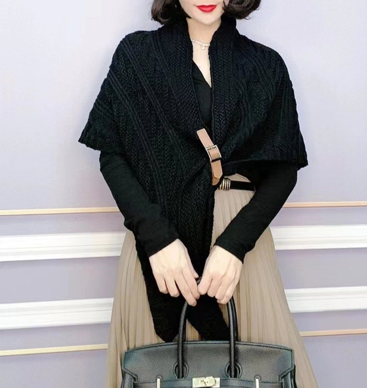 Popular Cloak Spring And Autumn New Warm Leather Buckle Shawl Internet Celebrant New Twill Cloak Anchor Recommended