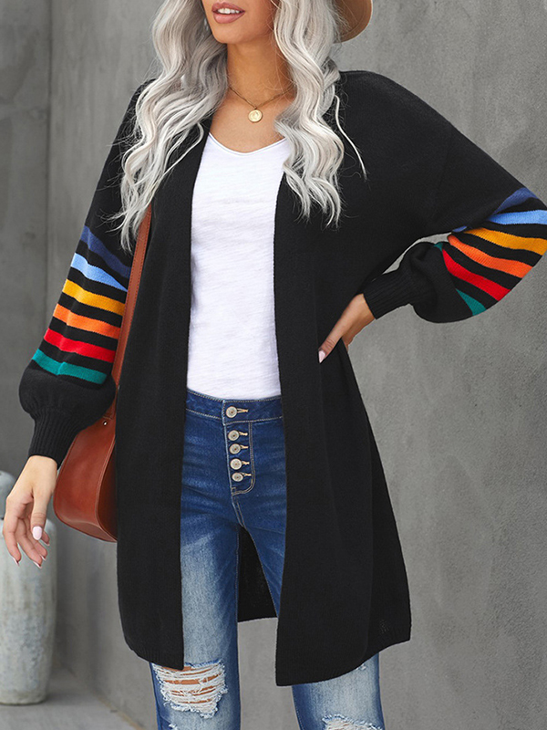 Long Sleeves Loose Colorful Contrast Color Striped Collarless Cardigan Tops
