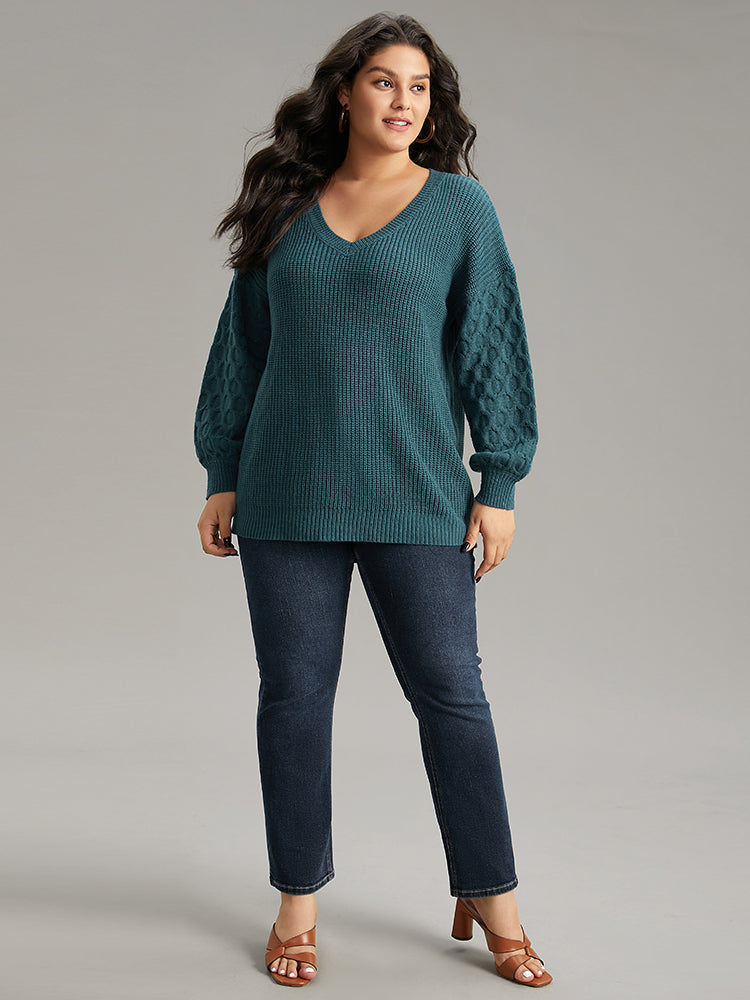 Solid Cable Knit V Neck Drop Shoulder Pullover