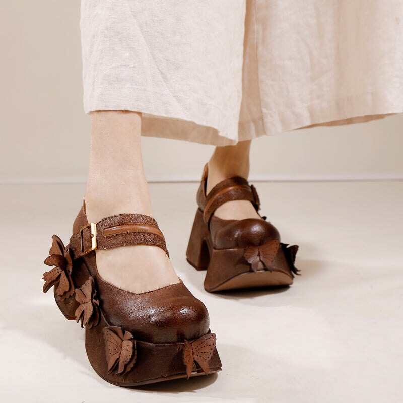 Handmade Retro Leather Mary Jane Shoes For Women 85mm Platform in Coffee/Gray
