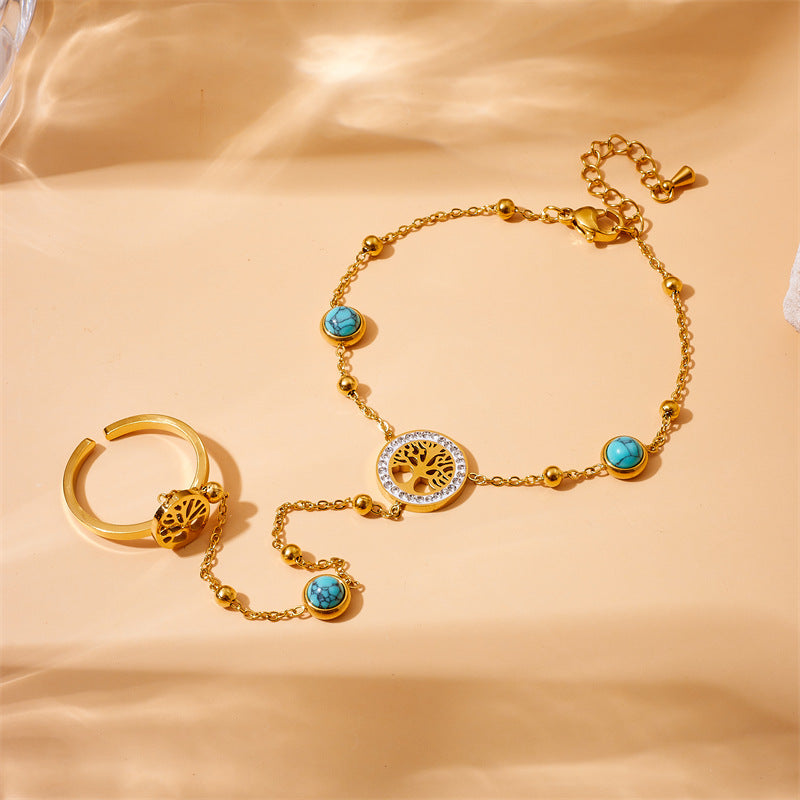 Fashion Niche Retro Stainless Steel Round Blue Turquoise Tree Of Life Flower Accessories Decorative Finger Bracelet