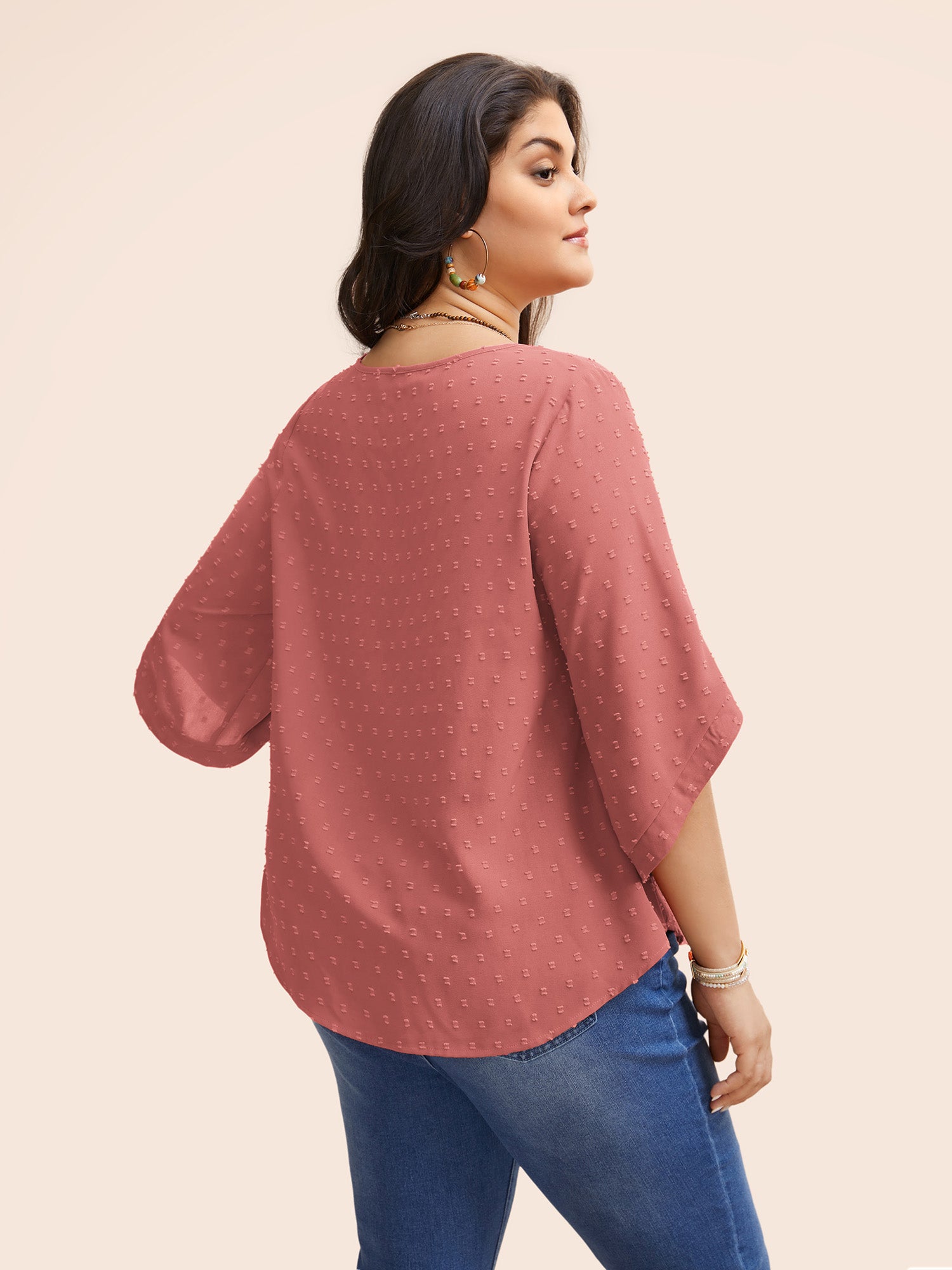 Textured Round Neck Bell Sleeve Blouse