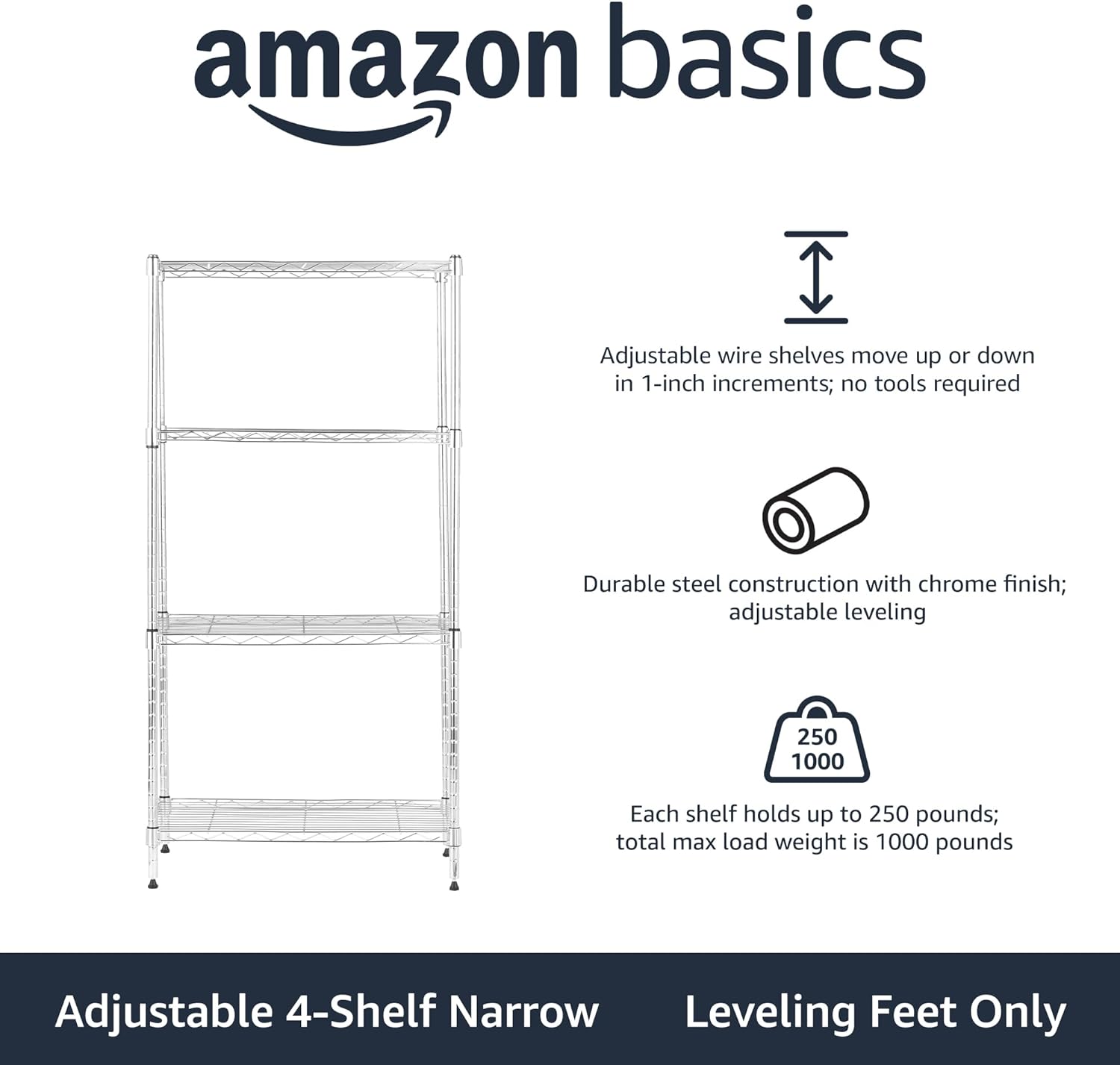 Amazon Basics 4-Shelf Steel Wire Storage Rack, Adjustable, Sturdy, Easy Assembly, 13.4 D x 23.2 W x 48 H in, Black