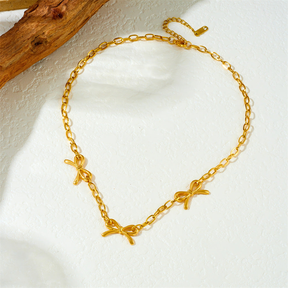 Fashion Simple Punk Retro Metal Gold Plated Stainless Steel Cross Chain Bow Accessories Necklace