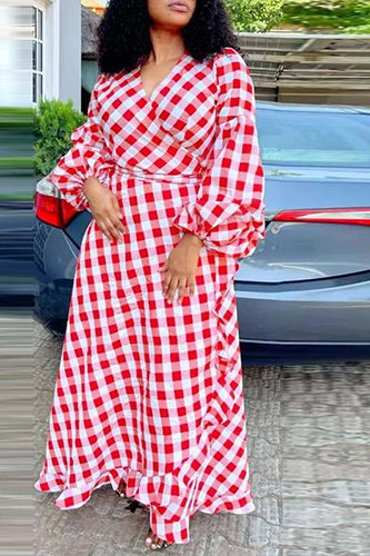Vintage Lantern Sleeve Plaid Maxi Dresses