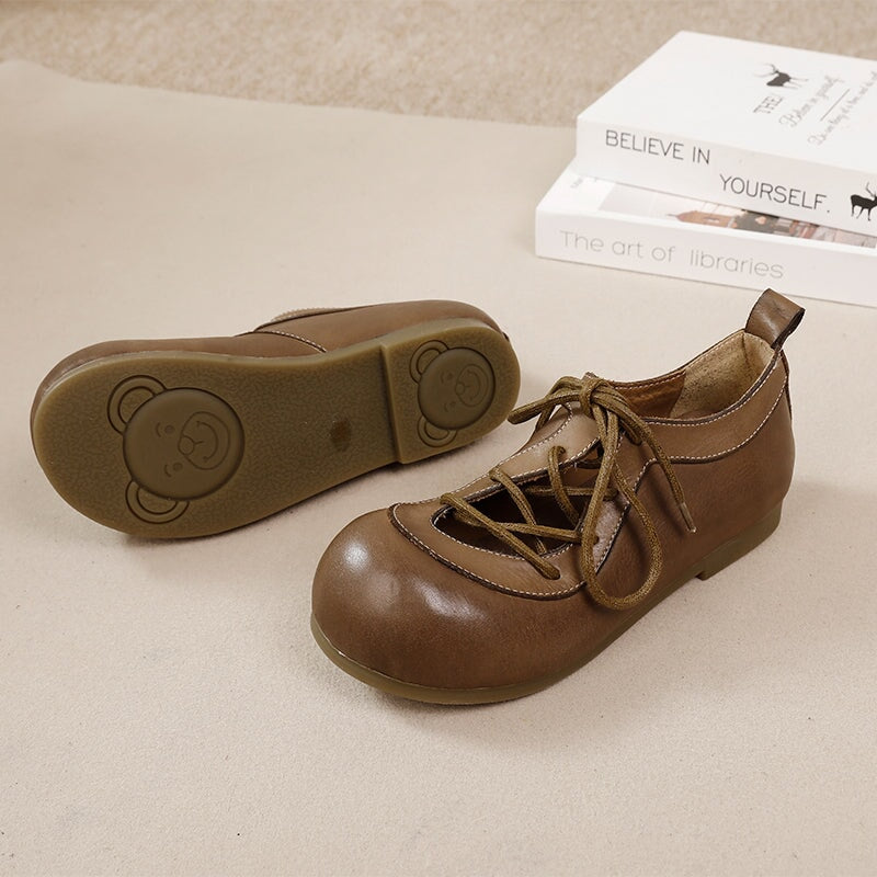 Vintage Big Toe Washed Cowhide Lace-Up Mary Jane Flats Shoes in Camel/Khaki