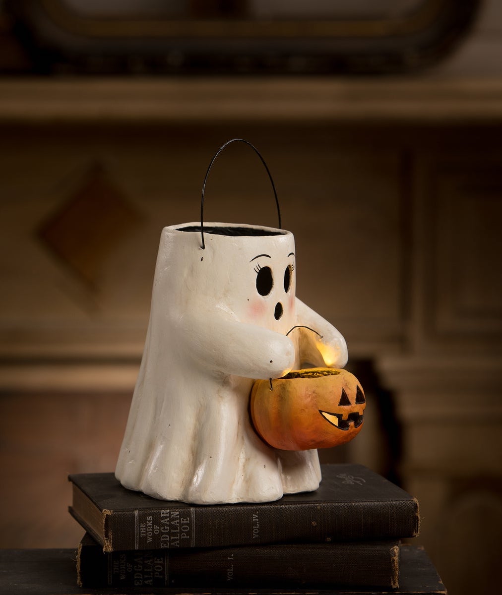 Sweet Boo Ghost with Pumpkin Bucket. Paper Mache