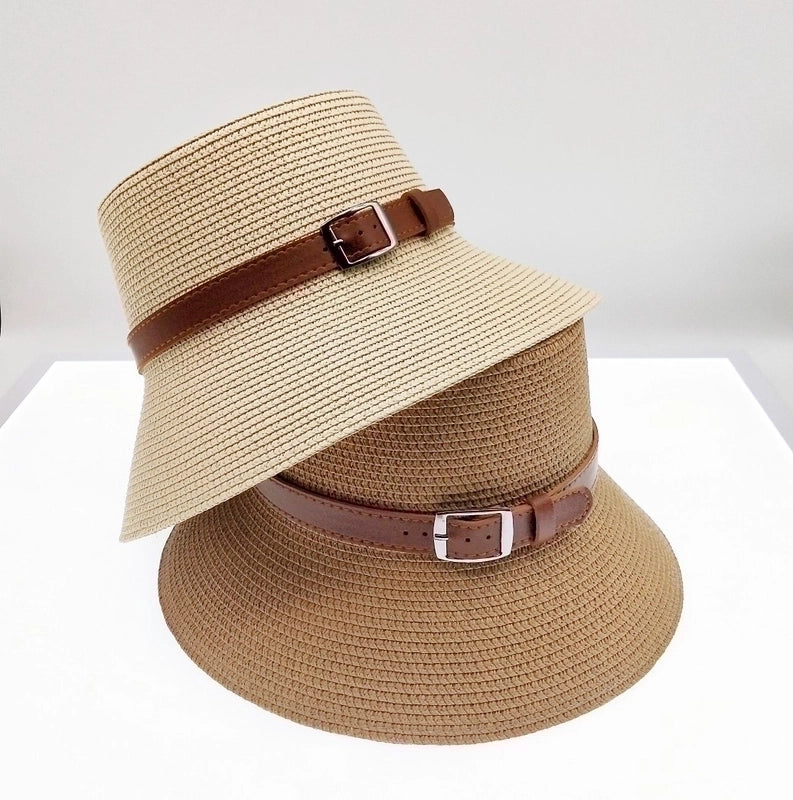 Women's Pastoral Minimalist Solid Color Belt Buckle Wide Eaves Straw Hat