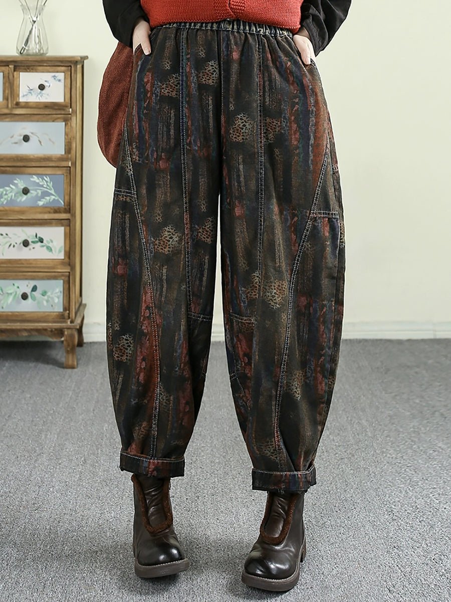 Women Spring Retro Print Spliced Denim Harem Pants