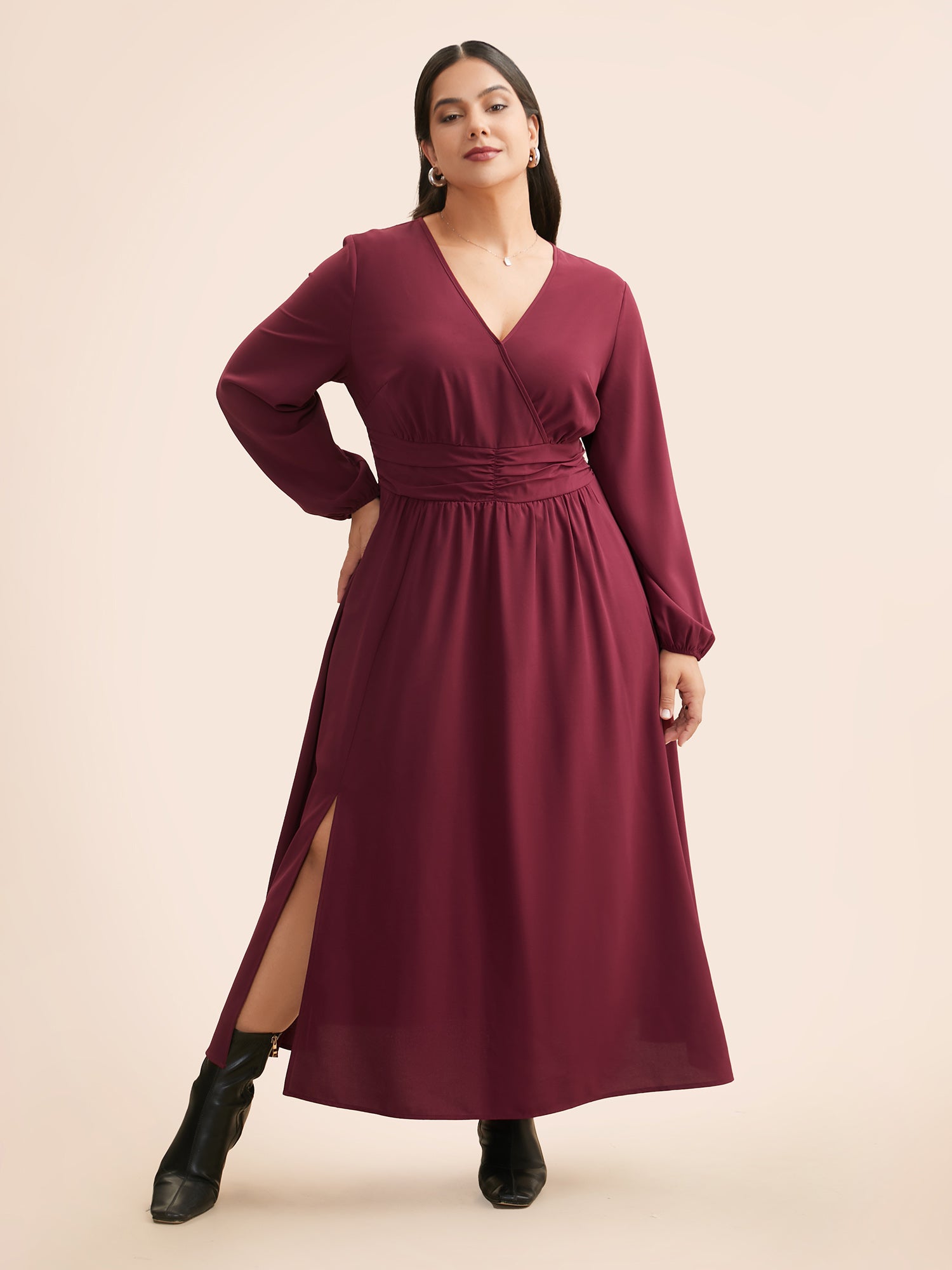 Overlap Collar Ruched Lantern Sleeve Maxi Dress
