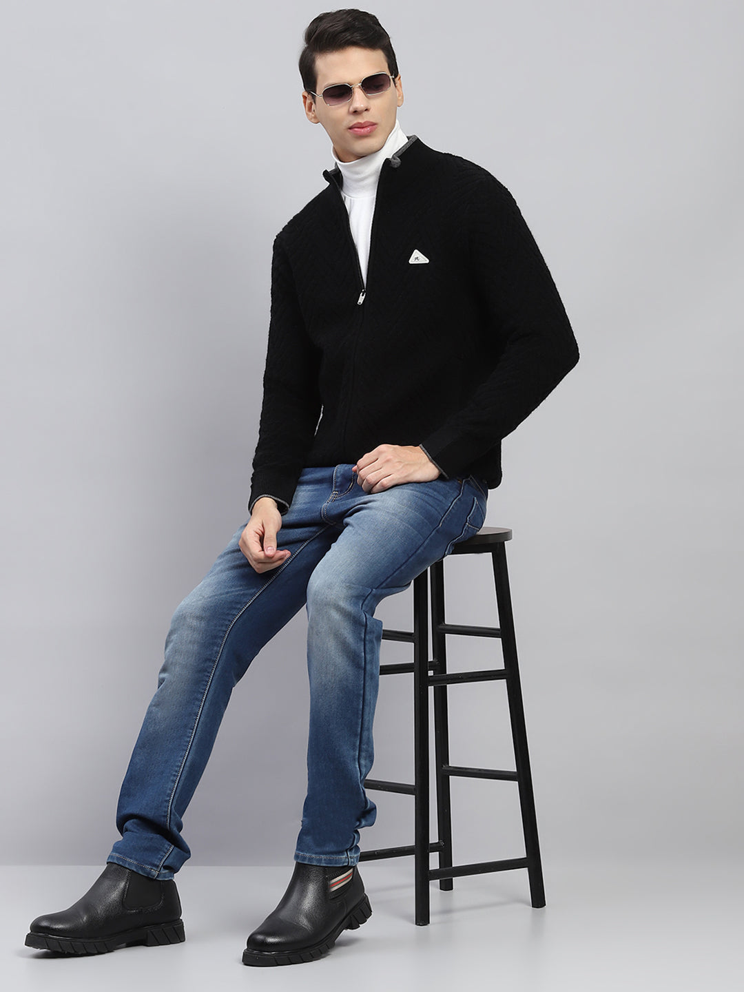 Men Black Self Design Mock Neck Full Sleeve Pullover