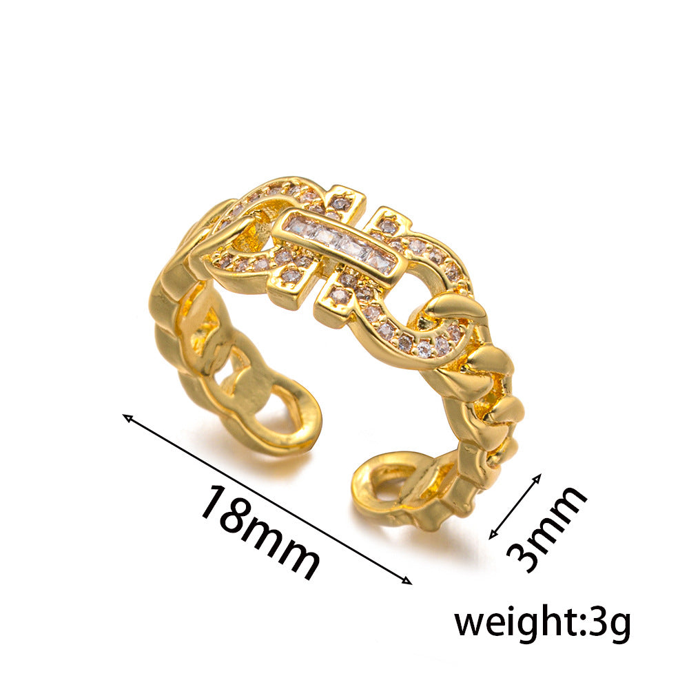 Shang Ins Chain Opening Adjustment Ring Female Version Micro-Inlaid Personality Couple Ring Retro Ancient Index Finger Ring