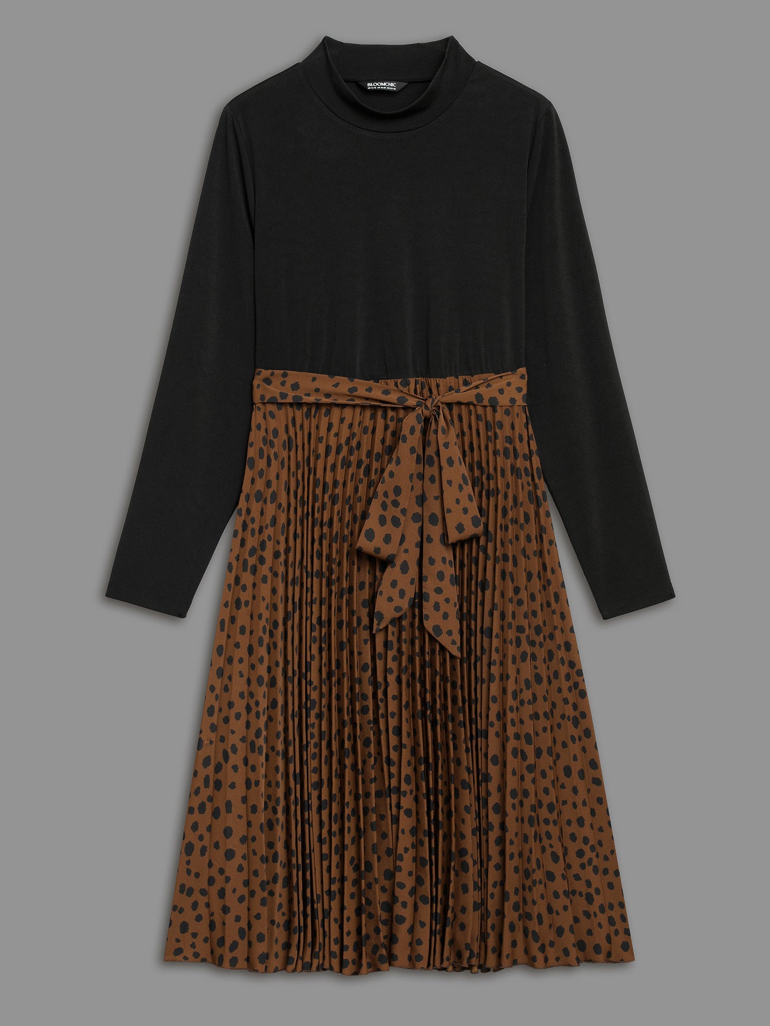 Leopard Print Pleated Mock Neck Midi Dress