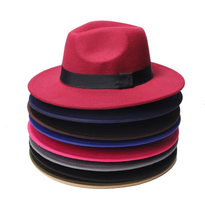 Autumn And Winter New Square Ribbon Panama Top Hat British Style Flat Rim Jazz Hat Woolen Hat Men
