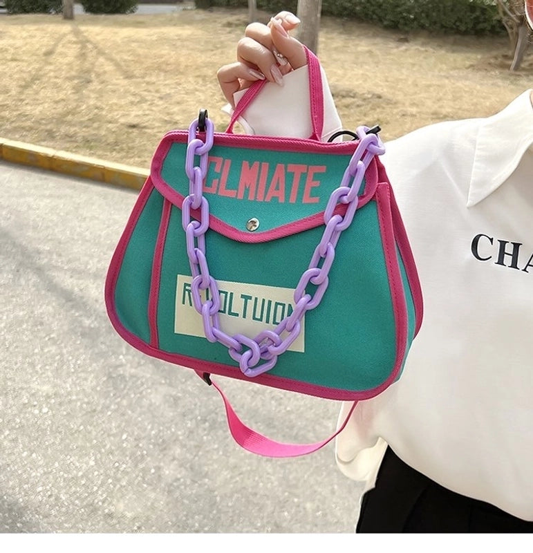 Women's Canvas Color Block Fashion Magnetic Buckle Shoulder Bag Crossbody Bag
