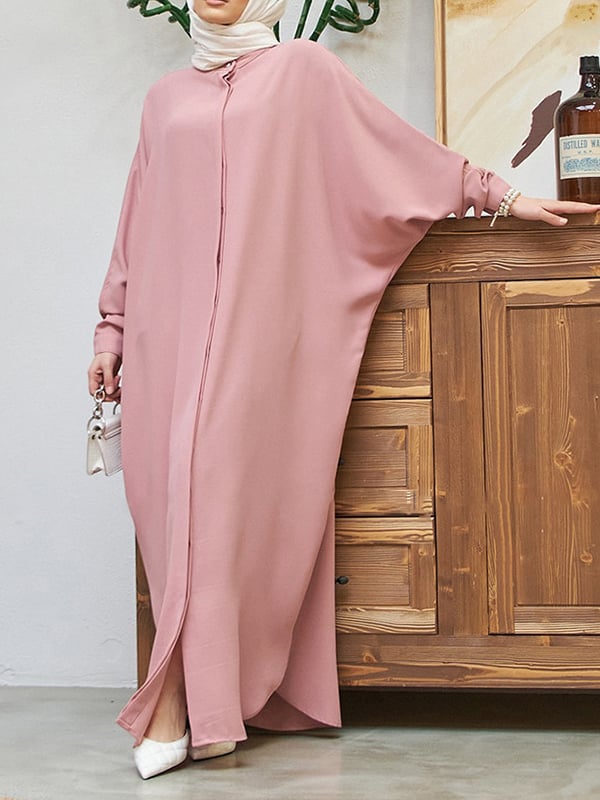 Batwing Sleeves Loose Buttoned Muslim Solid Color Split-Side Round-Neck Maxi Dresses