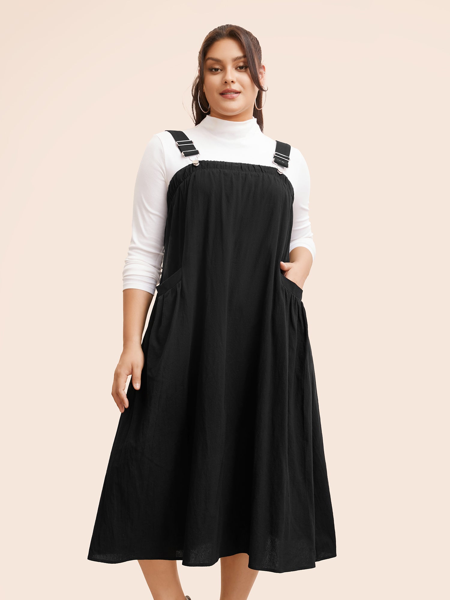 Solid Gathered Adjustable Straps Overall Dress