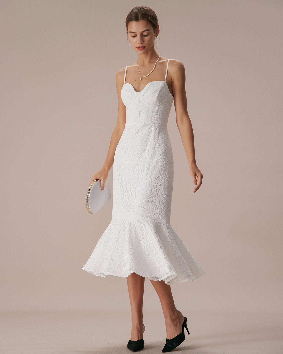 The White Lace Ruffle Slip Mermaid Midi Dress