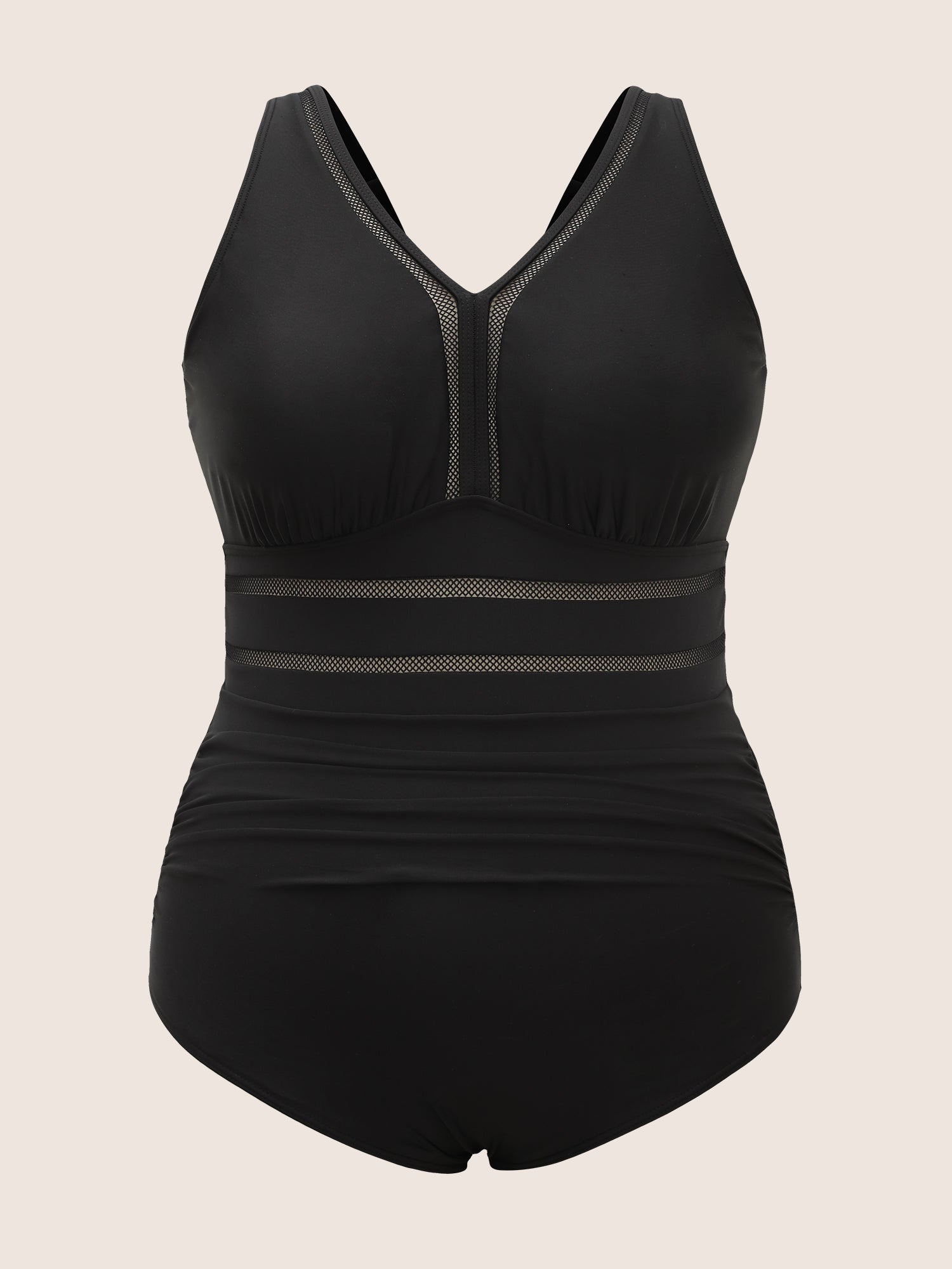 V Neck Patchwork Mesh Gathered One Piece Swimsuit