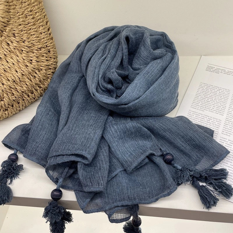 New High-end Ethnic Linen Wooden Beads Hanging Shawl Sunscreen Artistic Cotton And Linen Scarf Women