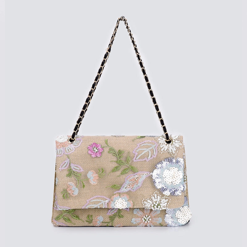 10 Pieces Women's Large Hemp Material Flower Elegant Sequins Square Flip Cover Crossbody Bag