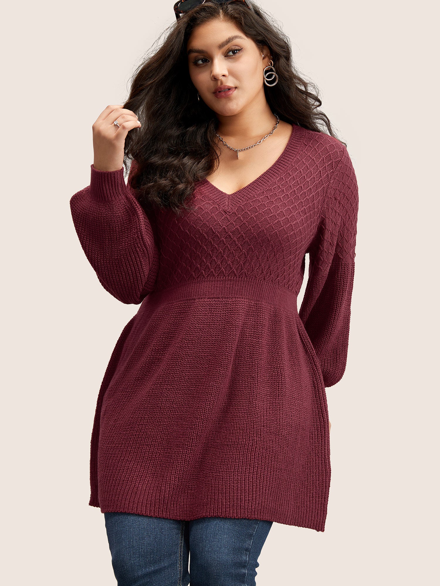 Plain Plisse Lantern Sleeve A Line Pullover