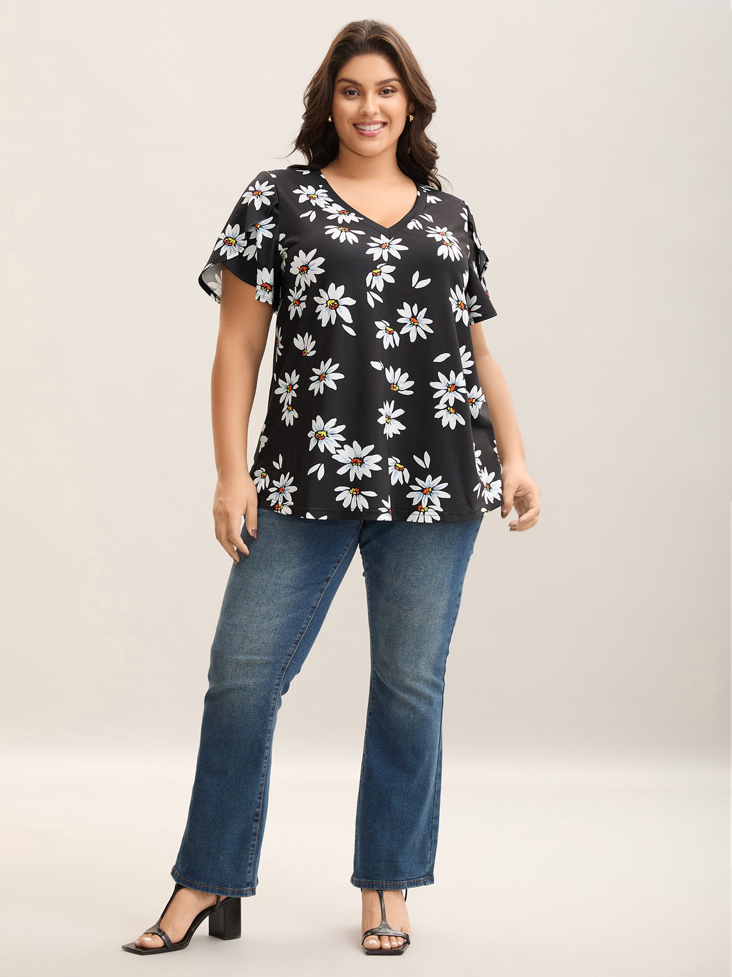 Floral Print Petal Sleeve Plain Knit Top