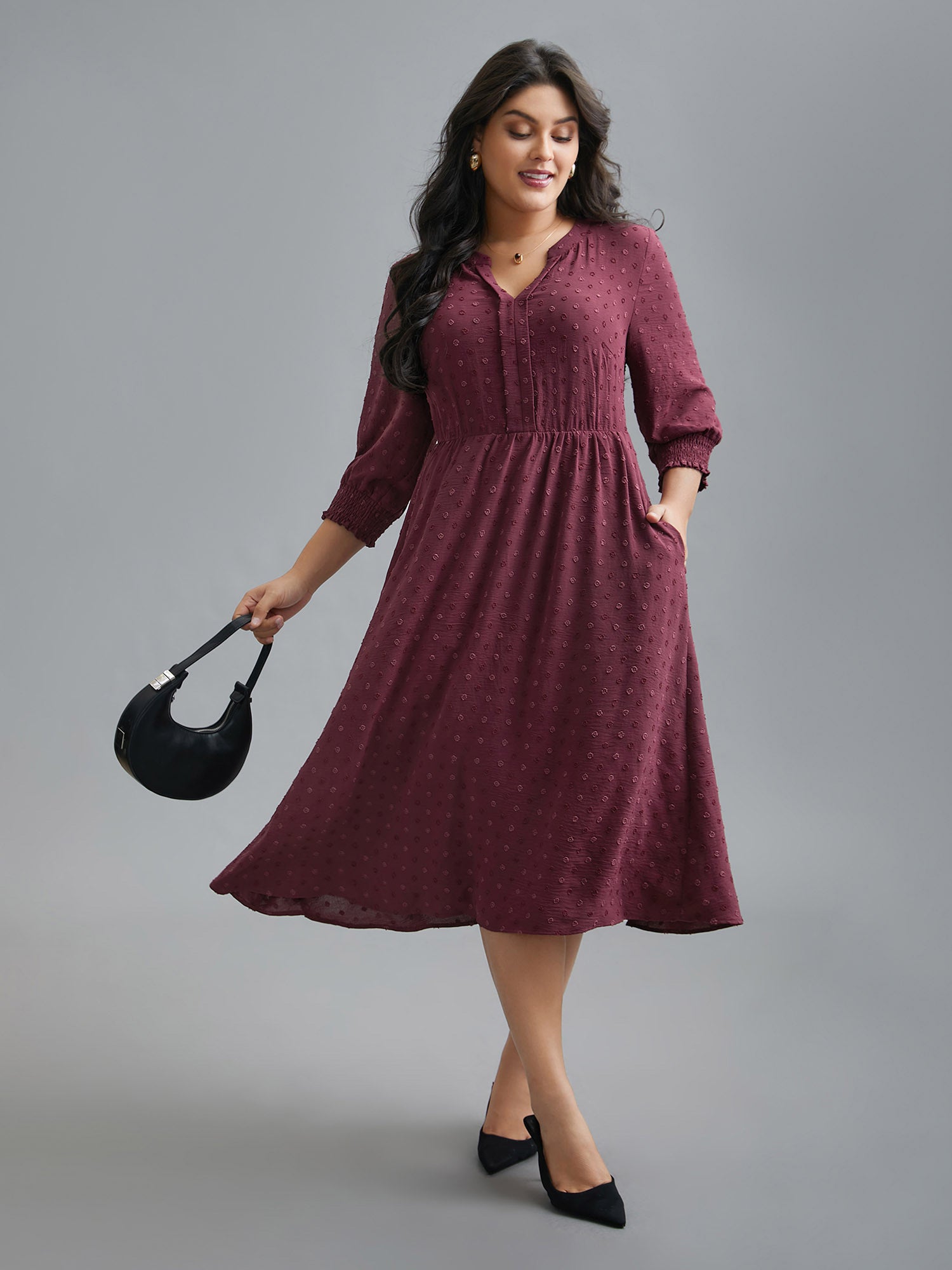 Notched Collar Textured Smocked Cuffs Dress