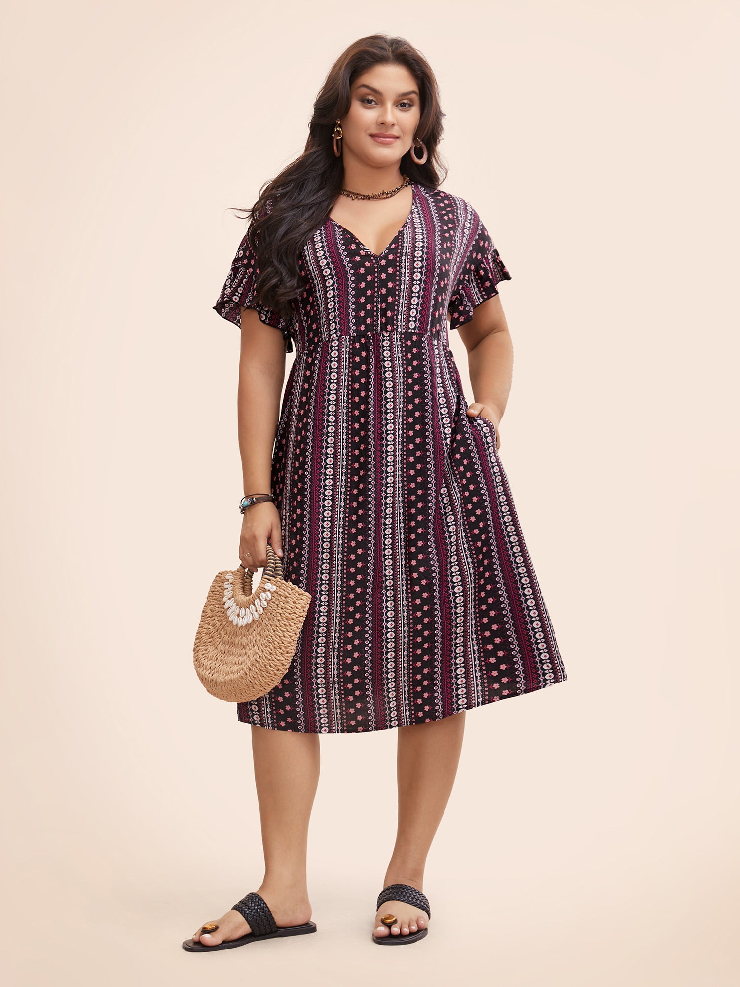 Bandana Print Pocket V Neck Ruffle Sleeve Dress