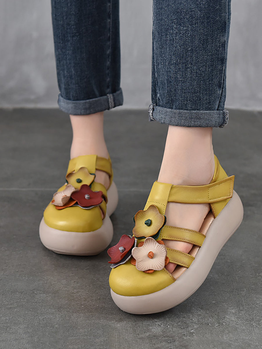 Women Summer Genuine Leather Flower Platform Sandals