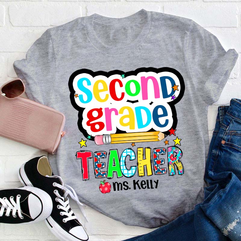 Personalized Grade And Name Color Pencil Stars Red Apple Teacher T-Shirt