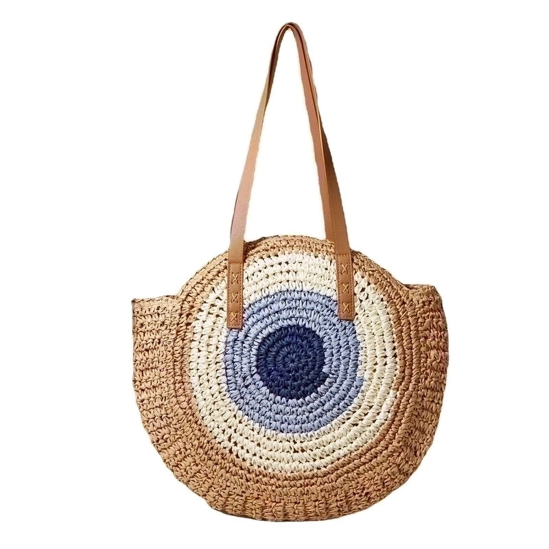 Women's Medium Straw Geometric Vintage Style Weave Round Zipper Straw Bag