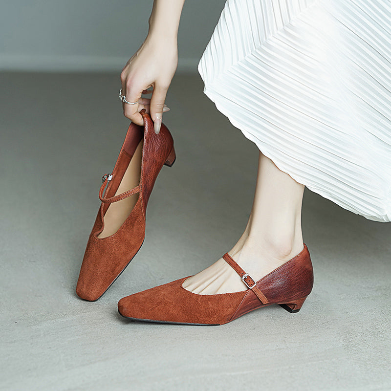 Elegant Washed Horsehide Nubuck Mary Jane Shoes Buckle Strap Causal Pumps in Red/Black/Caramel