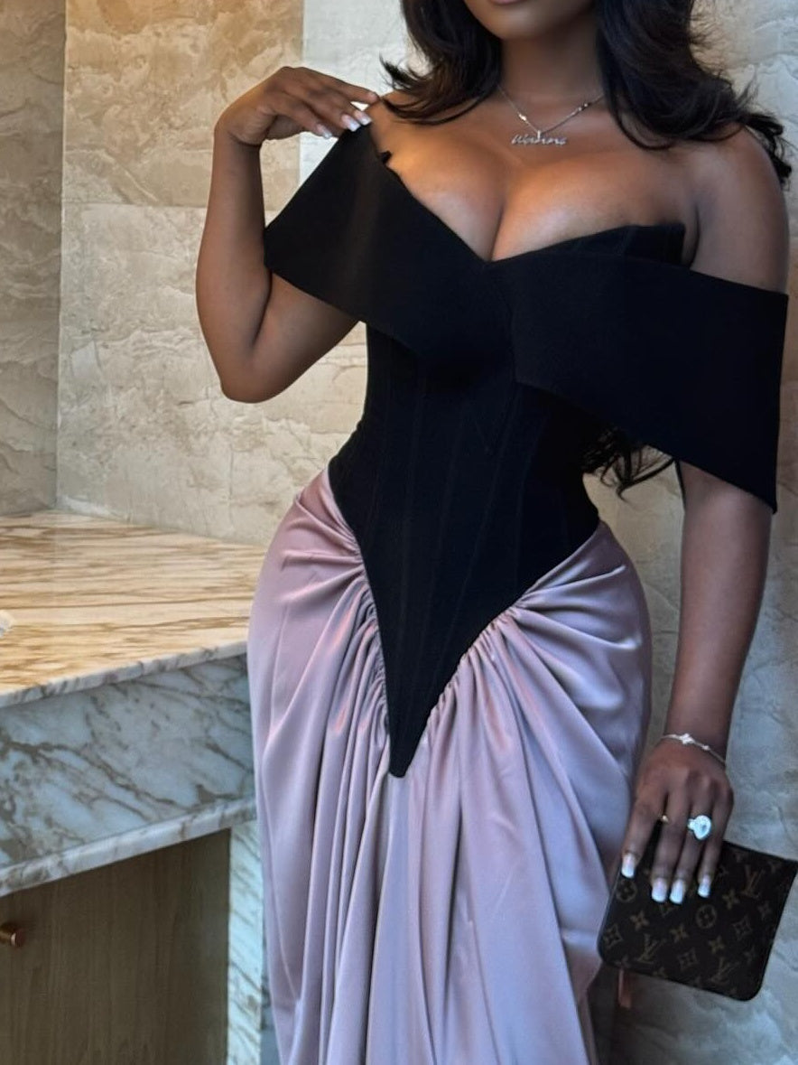 Elegant Black And Purple Strapless Gown