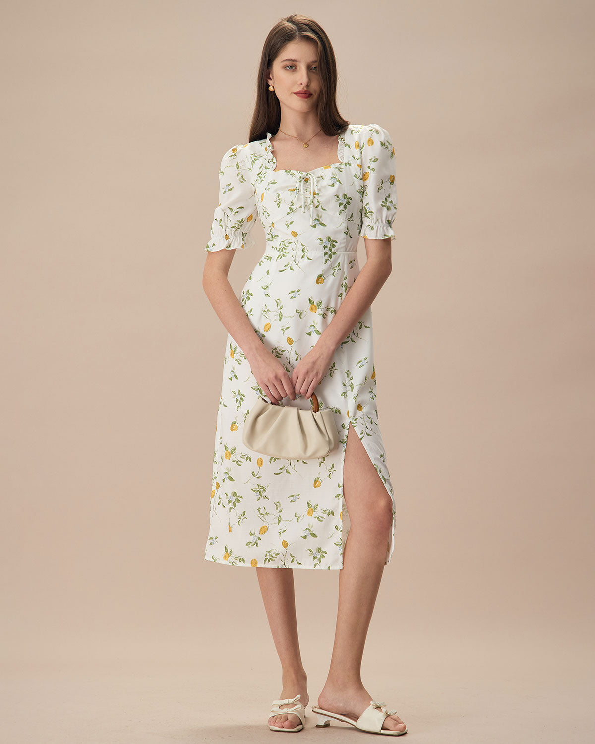 The White Square Neck Frill Trim Floral Midi Dress