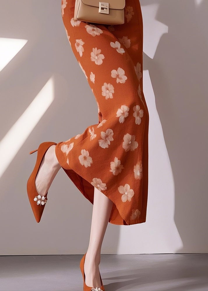 Slim Fit Orange Print High Waist Cotton Skirts Summer