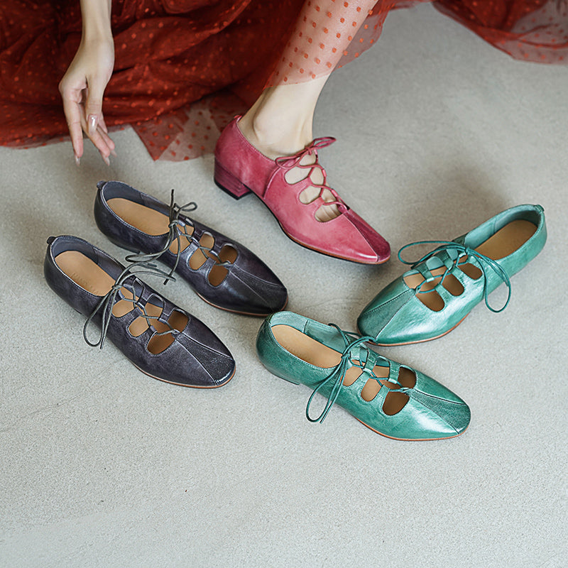 Elegant Washed Horse Leather Mary Jane Shoes with Cross-Strap Design Pink/Grey/Blue